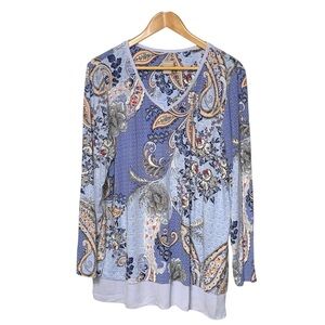 Light Blue Paisley Print V-Neck Long Sleeve Top